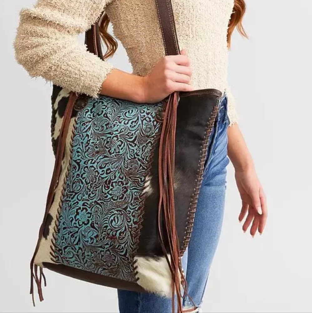 Myra Bag beautiful embossed turquoise leather/cowhide fringe shoulder bag
